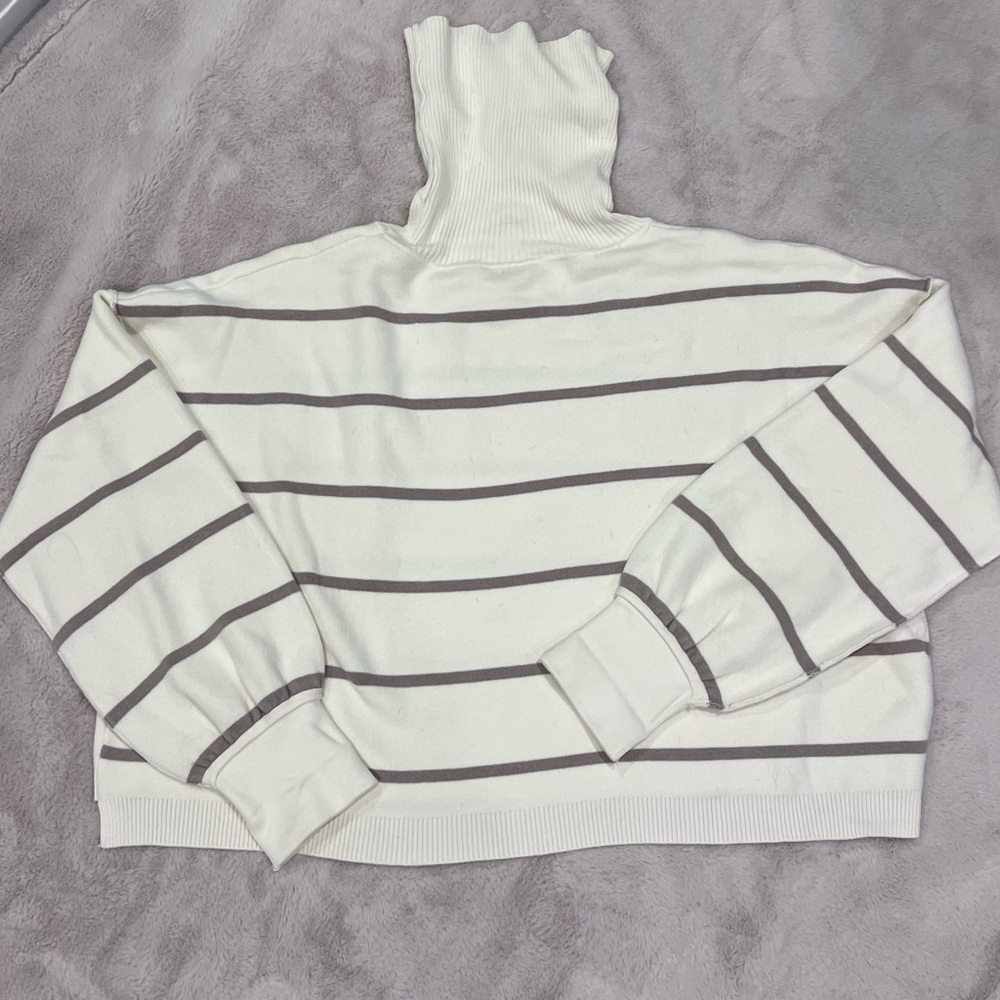 Free People White and Gray Striped Cowl Neck Sweater